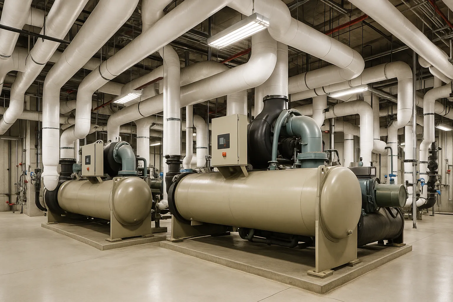 the interior of a commercial mechanical room with large water-cooled chillers and insulated piping — commercial HVAC