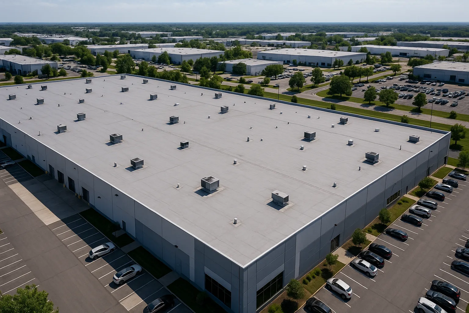 a wide aerial view of an industrial warehouse with an expansive gray flat roof and rooftop HVAC curbs — commercial roofing