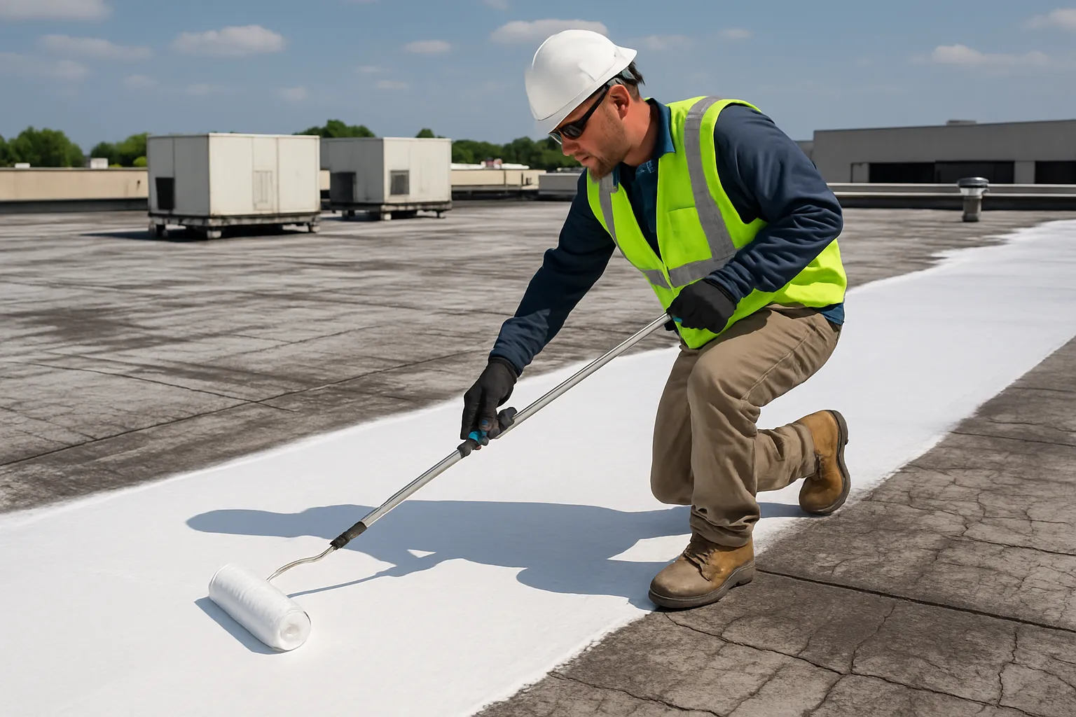 a roofer applying reflective silicone roof coating with a roller on an aging commercial membrane roof — commercial roofing