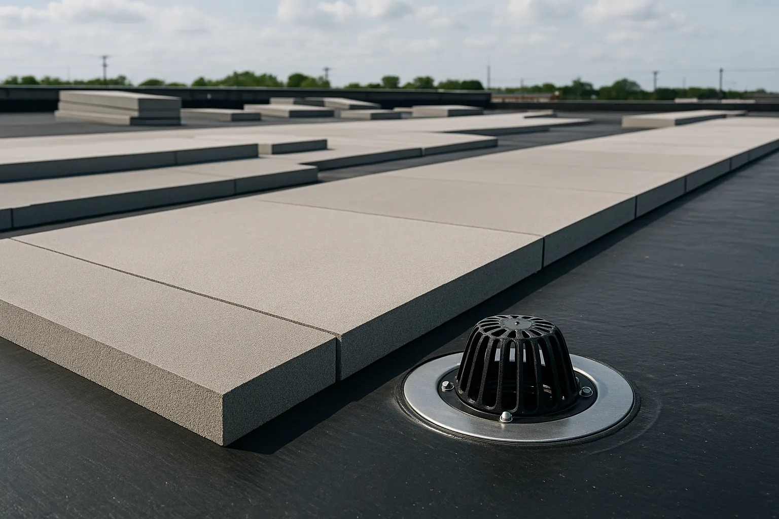 tapered insulation boards and a roof drain being installed on a flat commercial roof deck — commercial roofing