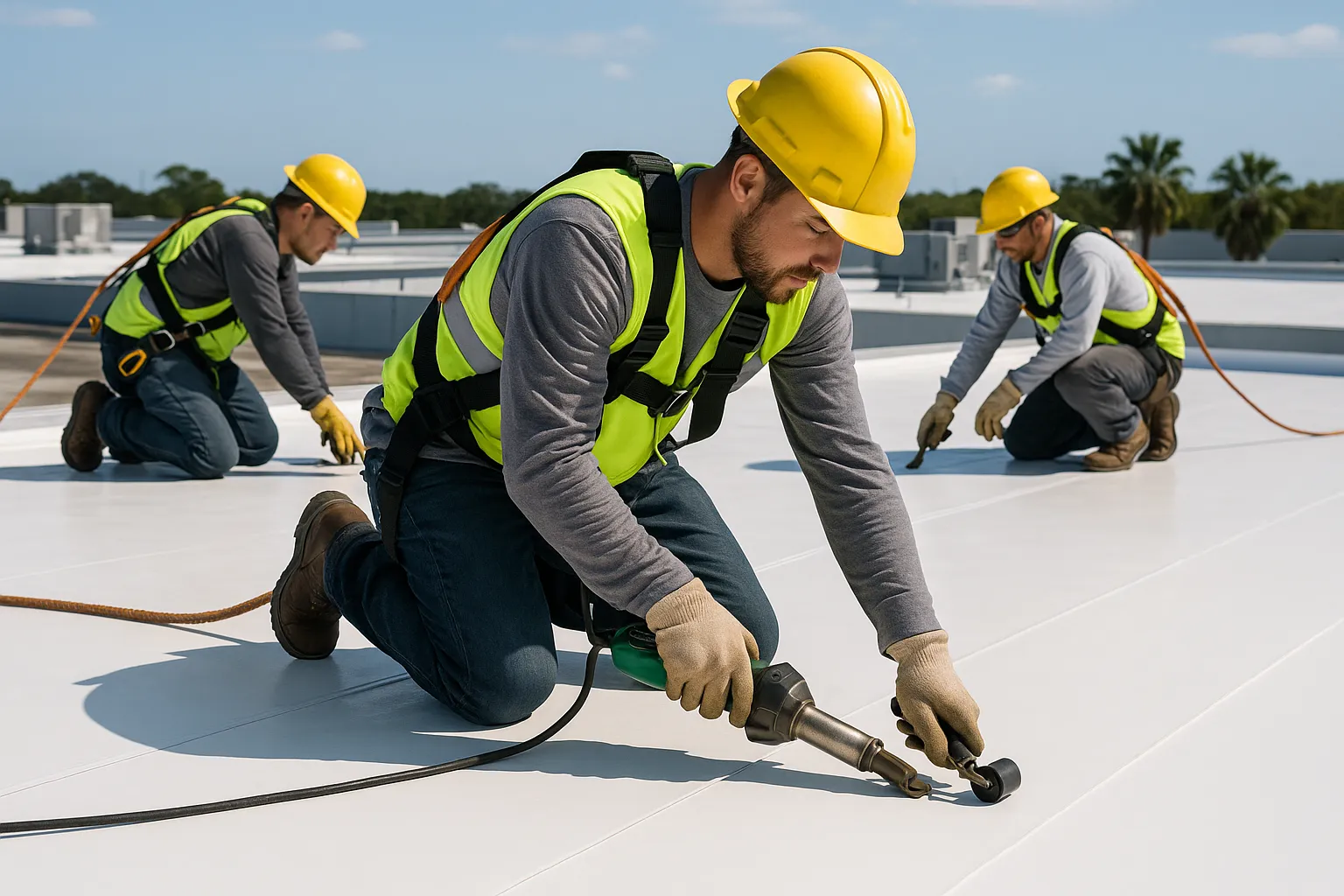 a roofing crew in safety harnesses heat-welding TPO membrane seams on a low-slope commercial roof — commercial roofing
