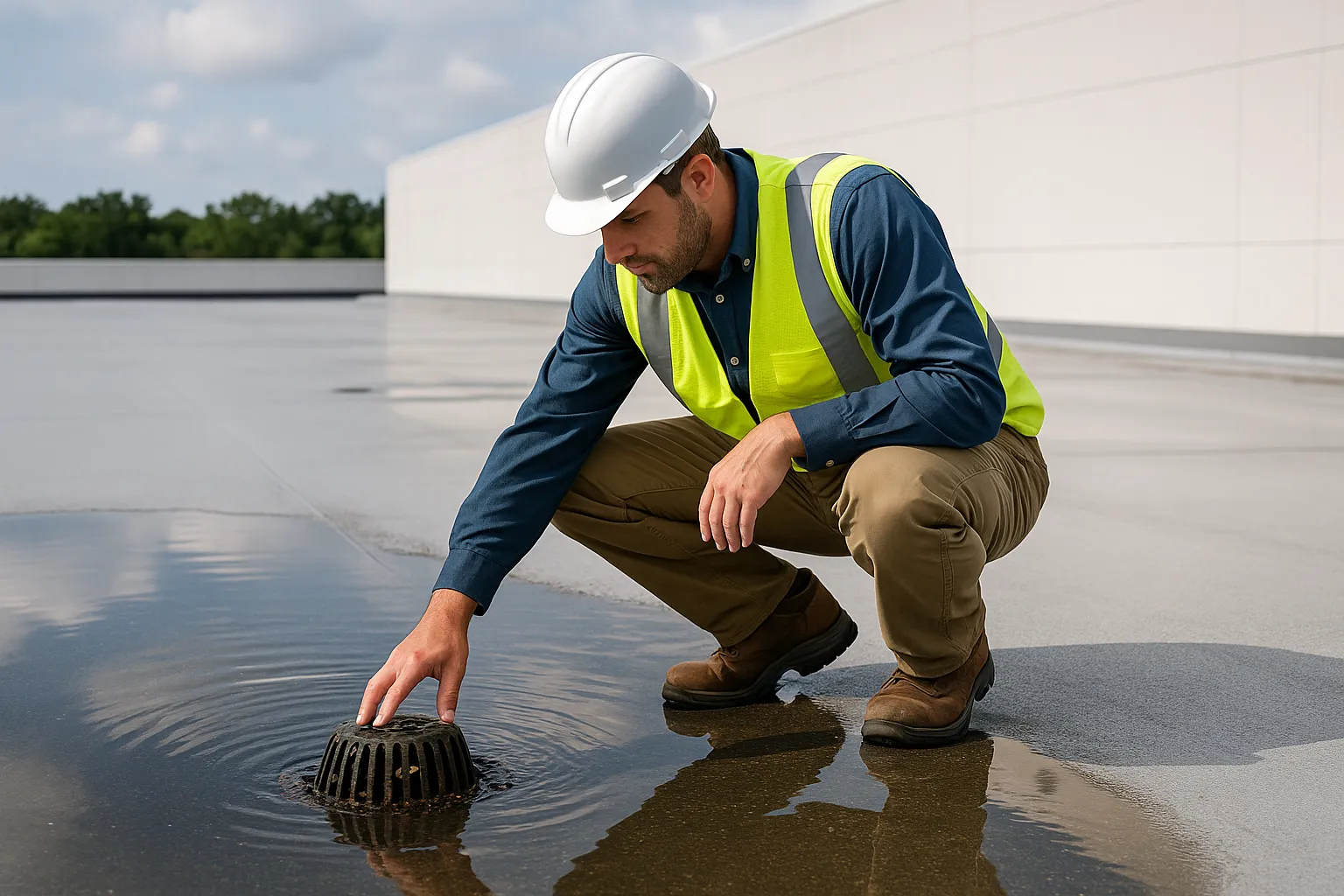 a commercial roofing technician inspecting a roof drain and ponding water on a flat warehouse roof — commercial roofing