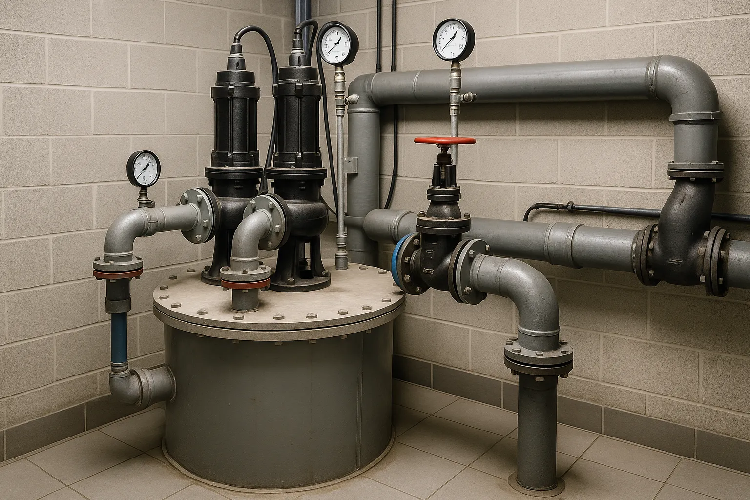 an industrial sewage lift station with pumps, valves, and pressure gauges in a utility room — commercial plumbing