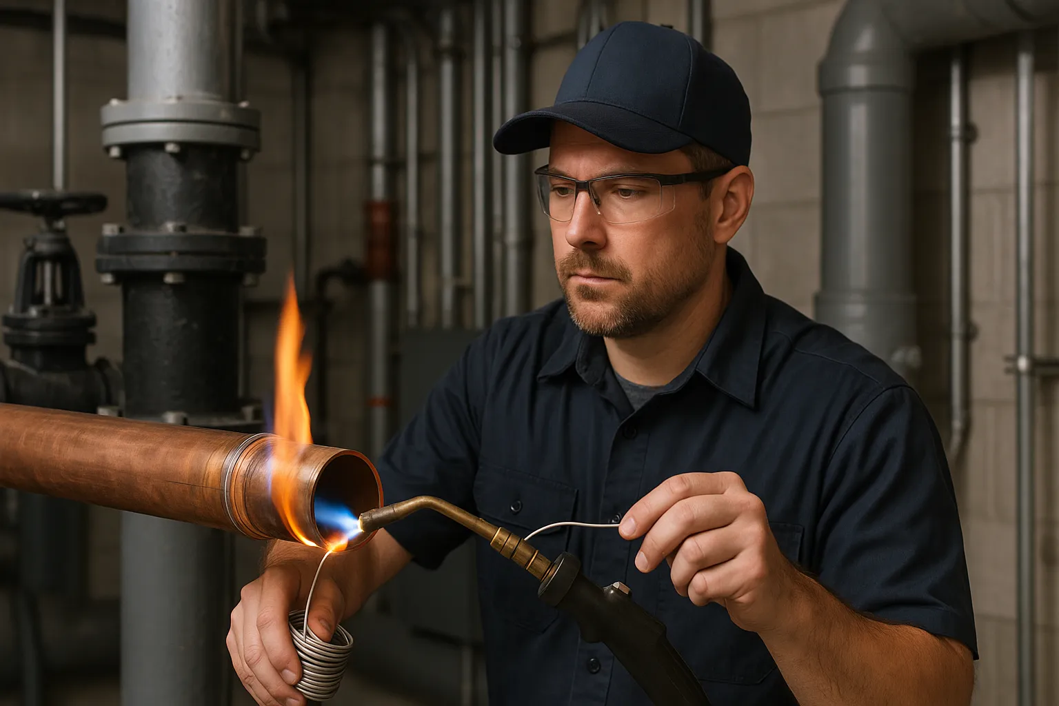 a plumber soldering large-diameter copper pipe on a commercial water riser — commercial plumbing