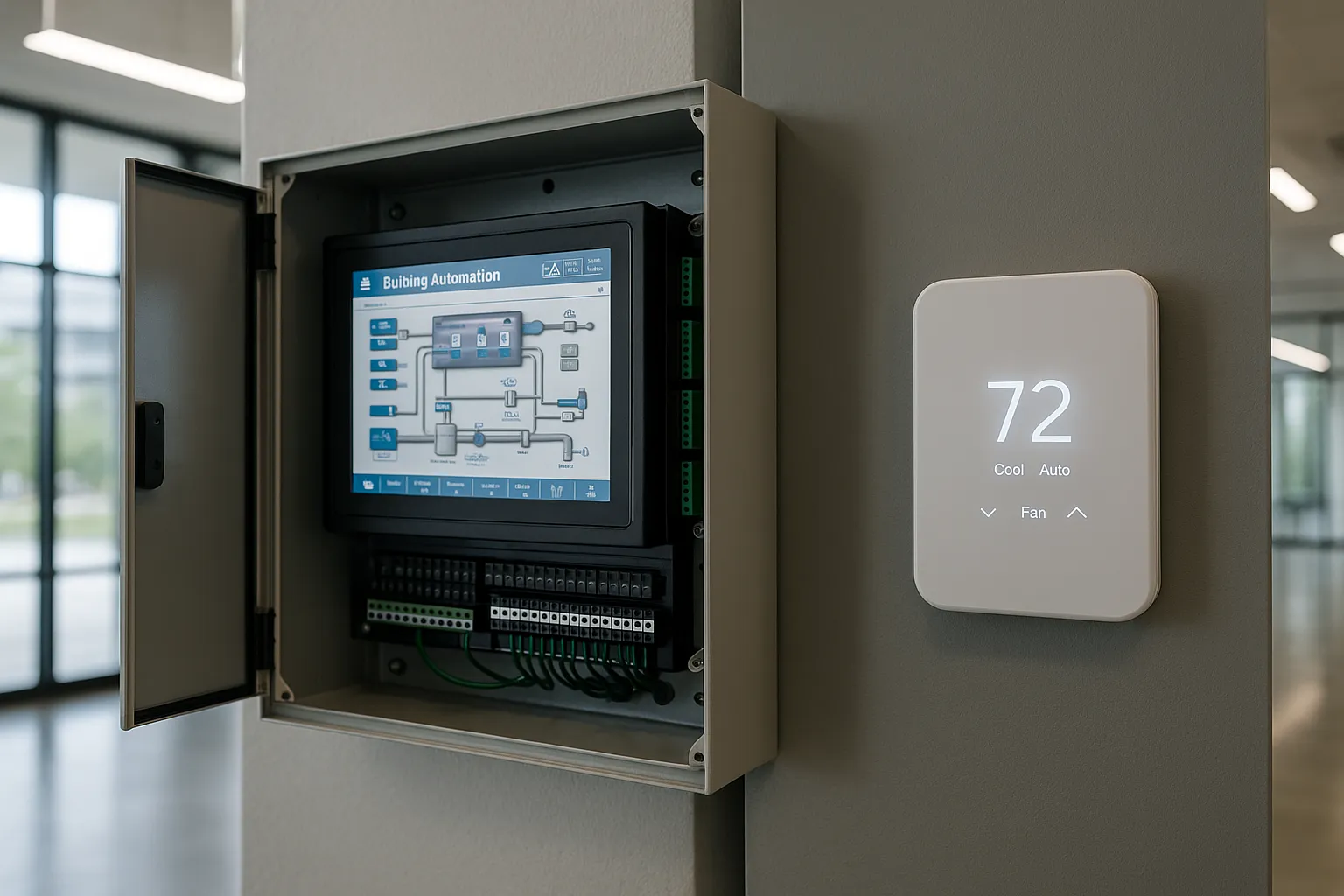 a building automation system control panel and smart HVAC controls in a modern commercial building — commercial HVAC