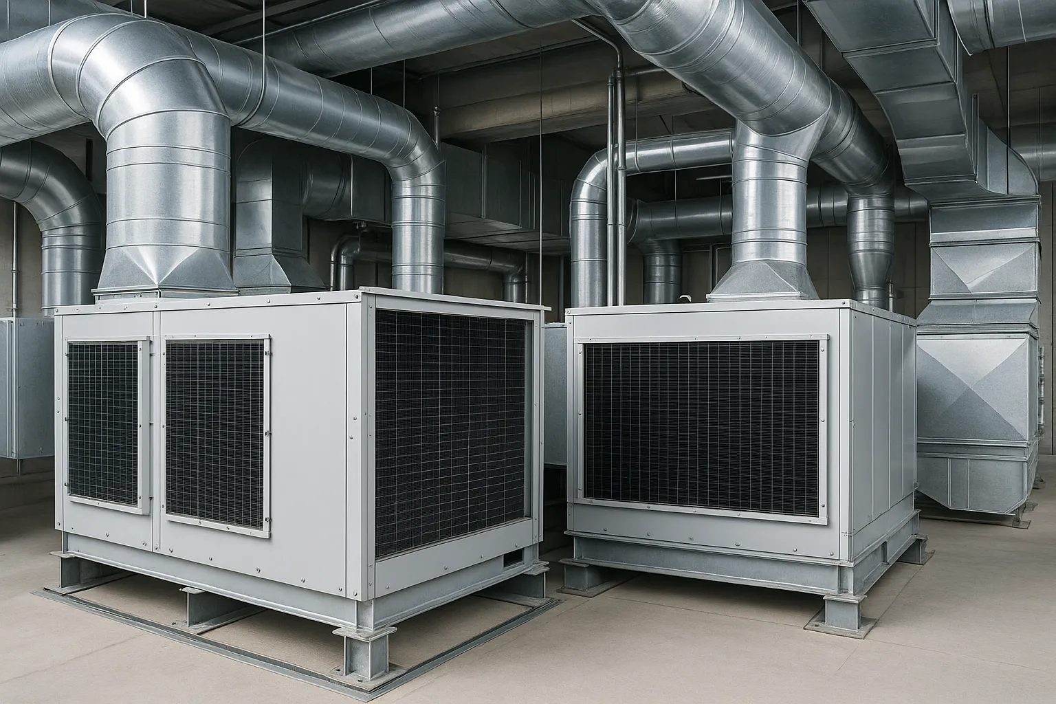 large commercial air handling units and sheet-metal ductwork in a mechanical penthouse — commercial HVAC