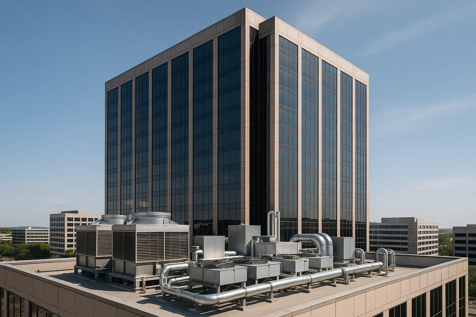 a commercial office tower exterior with visible rooftop HVAC equipment, daytime — commercial HVAC