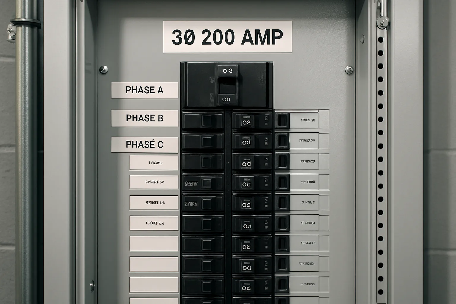 a close-up of a labeled three-phase 200-amp electrical panel with breakers — commercial electrical