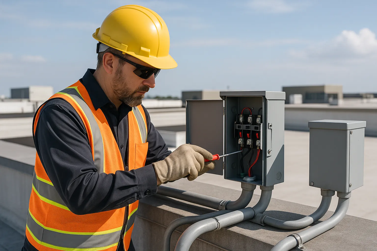 a technician servicing a rooftop electrical disconnect and conduit on a commercial building — commercial electrical