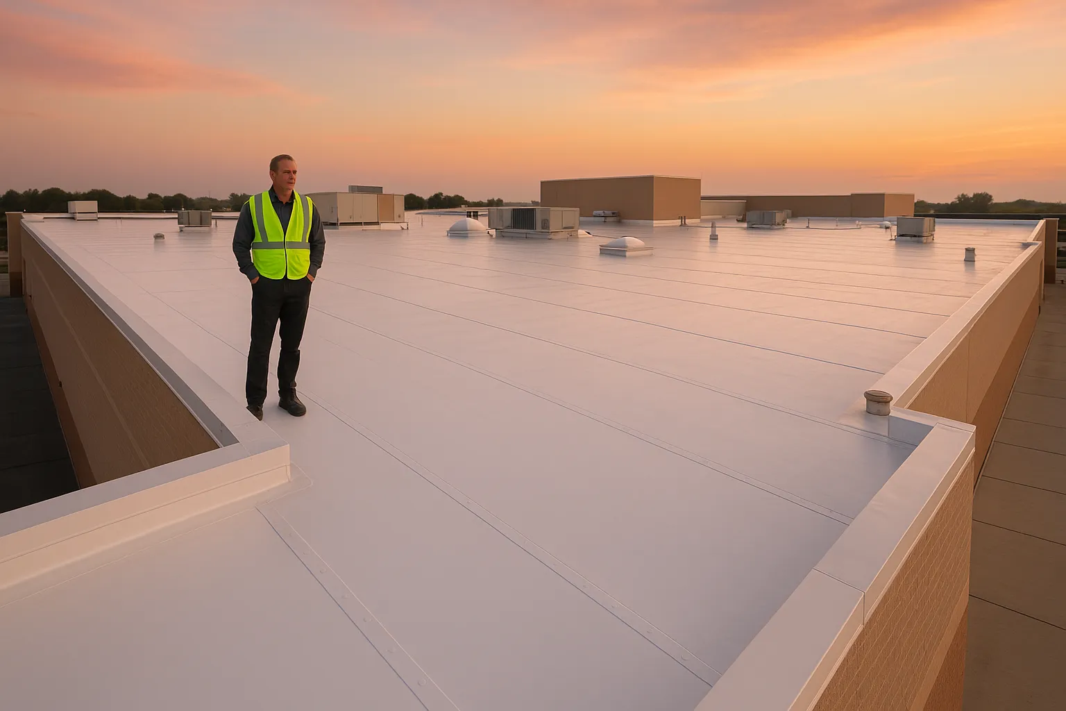 a freshly installed PVC membrane roof on a big-box retail store at dusk with warm sky — commercial roofing