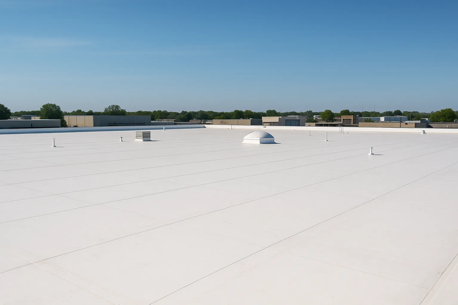 a vast flat commercial rooftop covered in white TPO single-ply membrane under a clear blue sky — commercial roofing