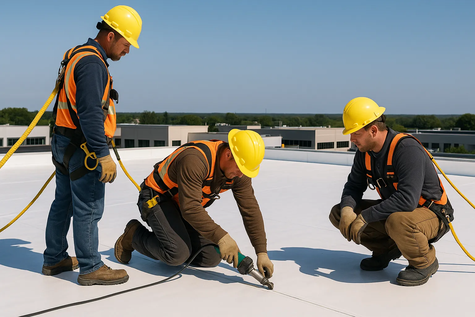 a roofing crew in safety harnesses heat-welding TPO membrane seams on a low-slope commercial roof — commercial roofing