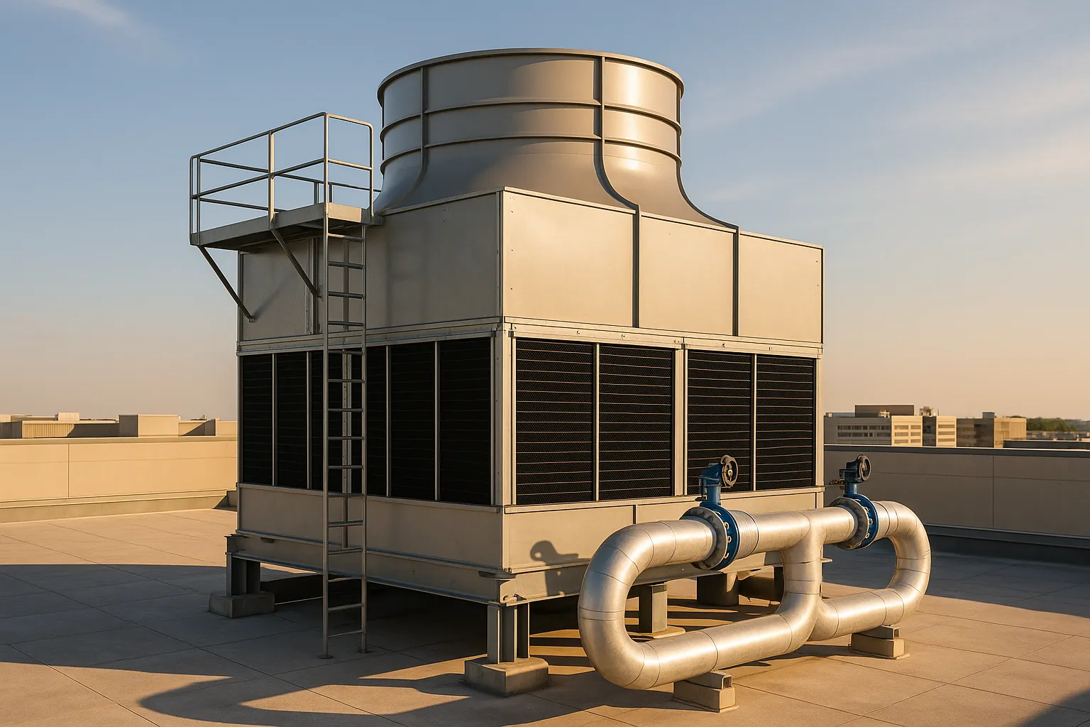 a large rooftop cooling tower at a commercial facility, late afternoon light — commercial HVAC