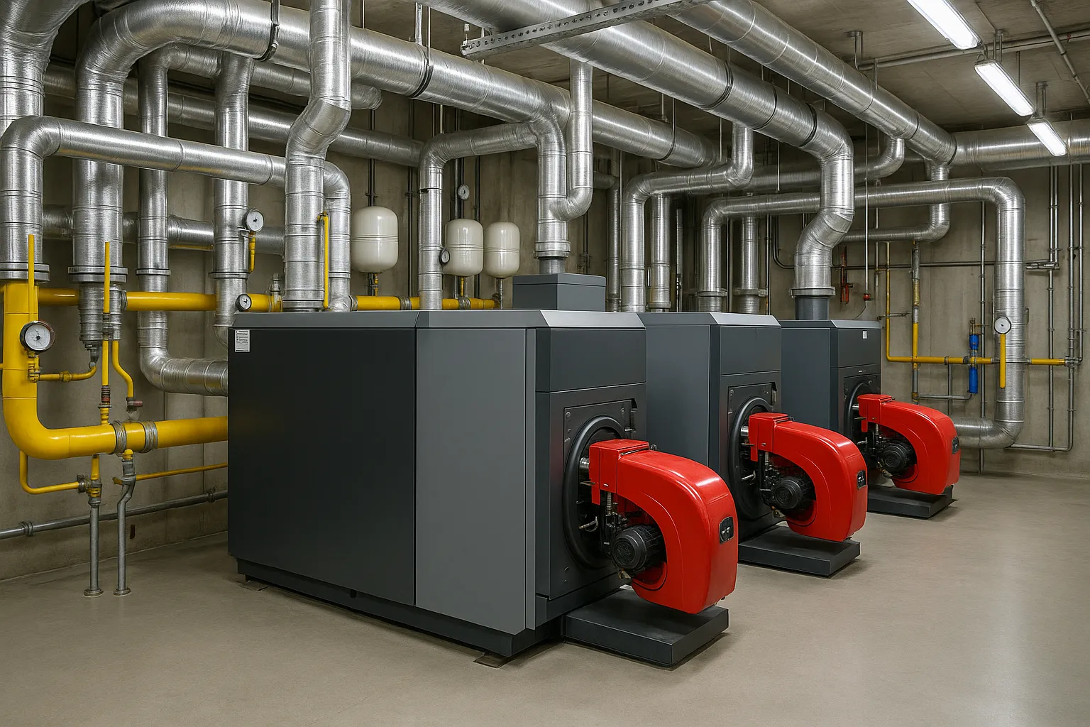 a commercial boiler room with industrial gas boilers and insulated piping — commercial HVAC