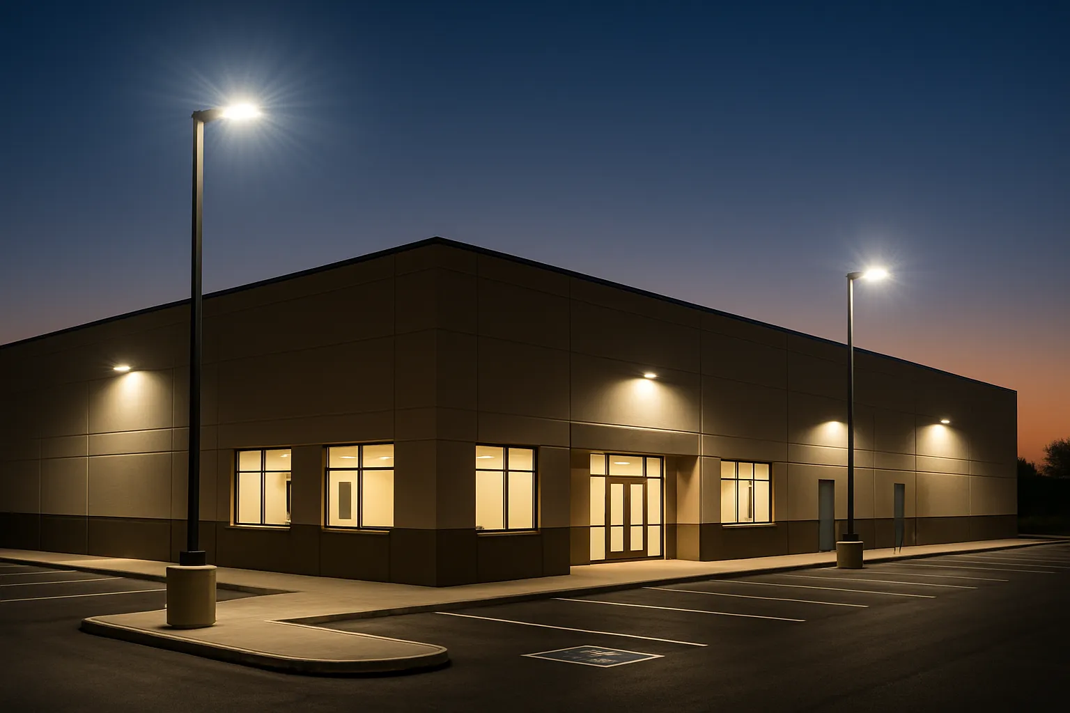 commercial building exterior and parking-lot LED lighting at dusk — commercial electrical