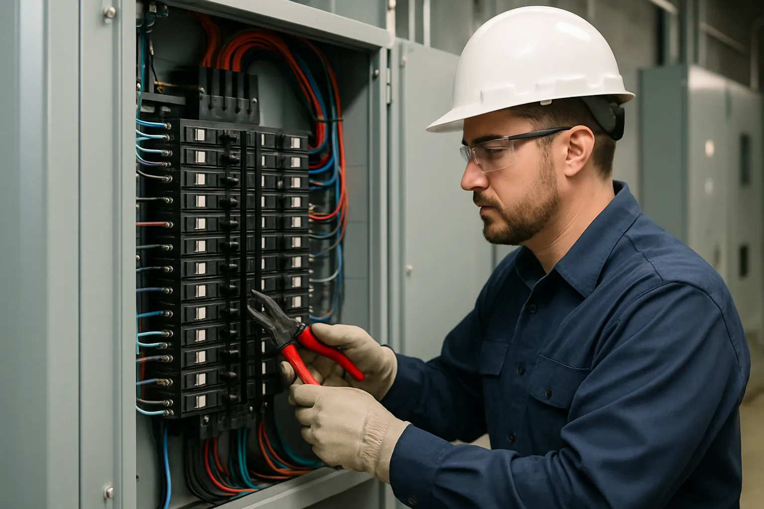 a commercial electrician working inside an open industrial electrical panel with rows of breakers — commercial electrical