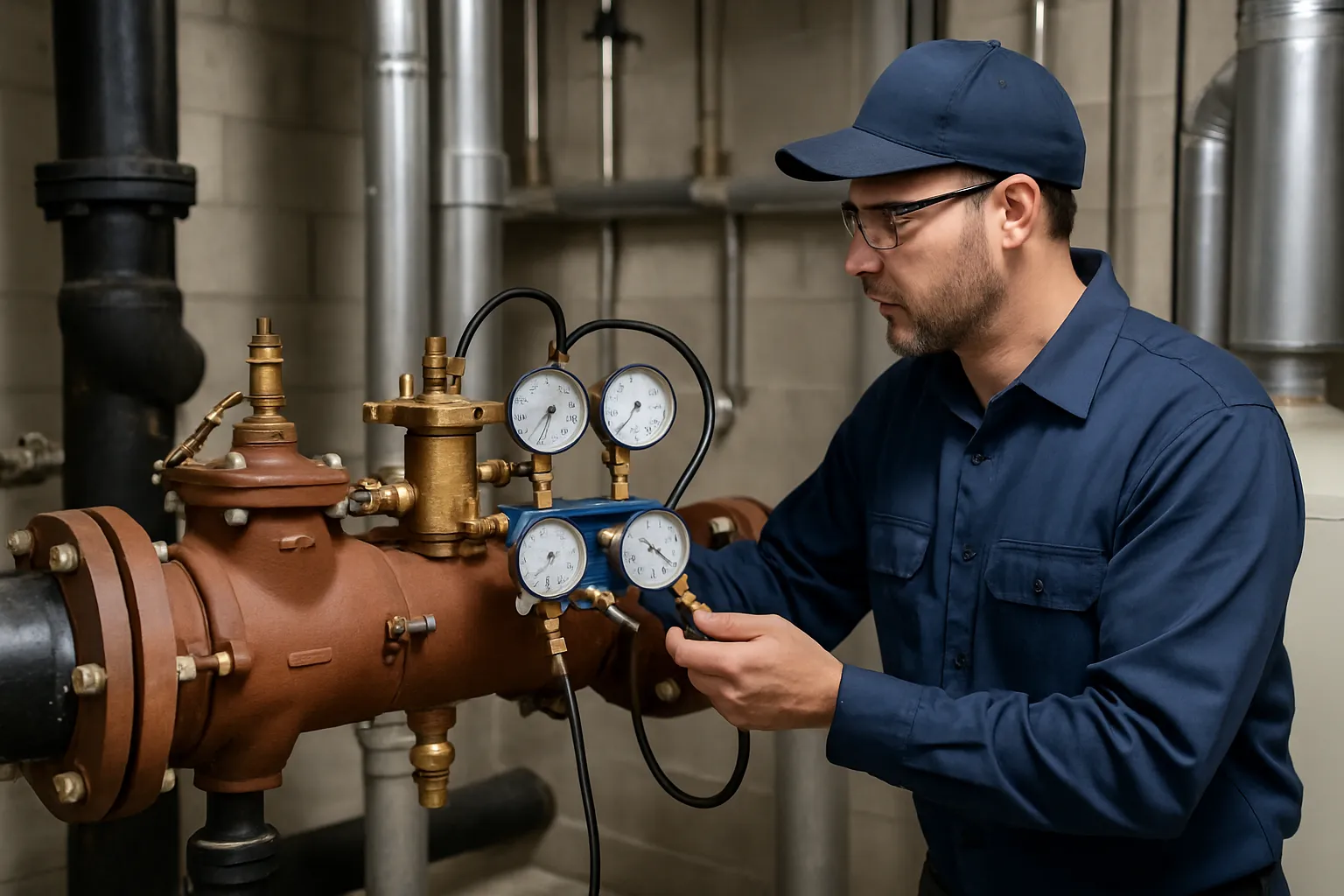 a technician testing a commercial backflow assembly with a pressure gauge kit — commercial plumbing