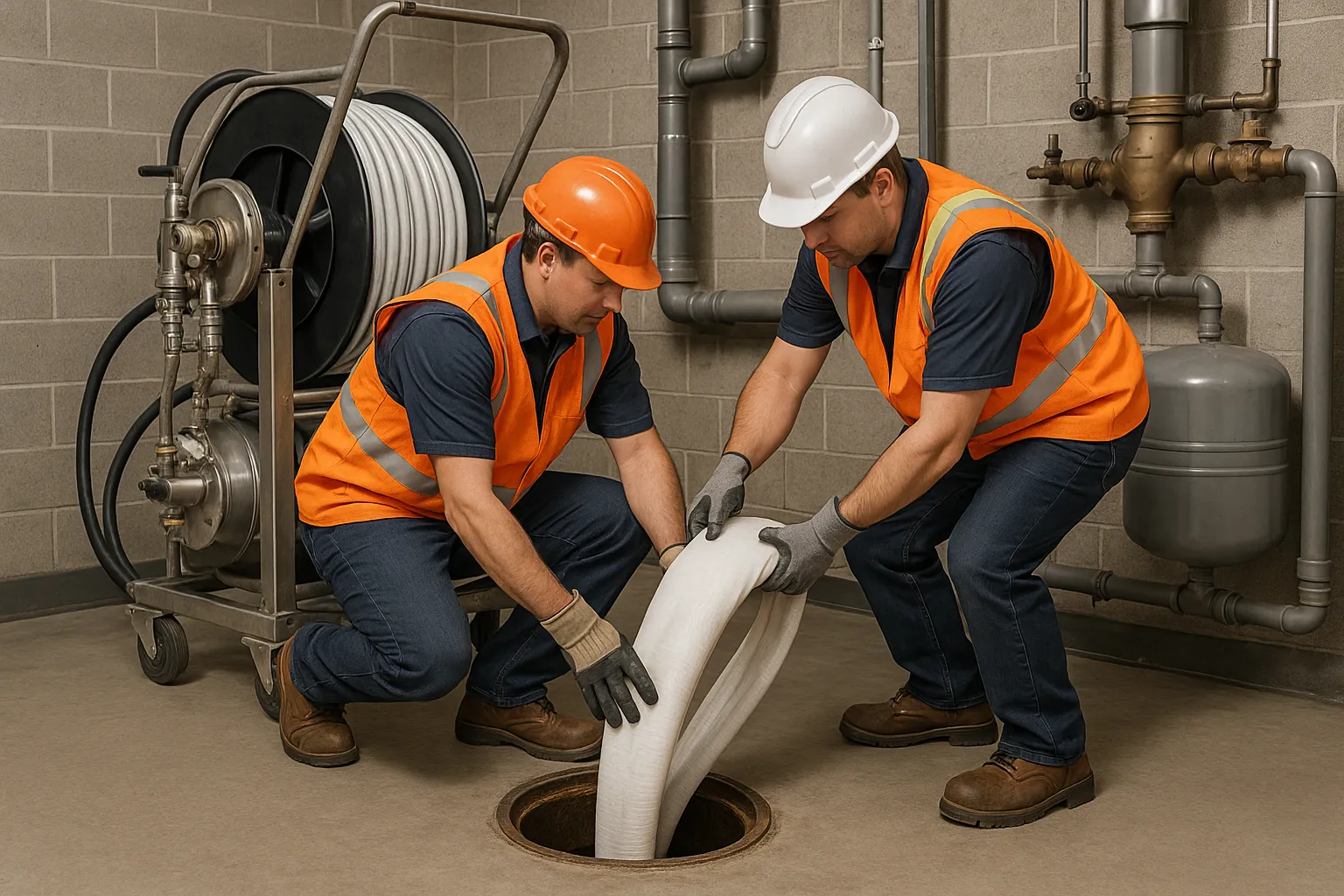 a trenchless pipe-relining crew feeding a cured-in-place liner into a commercial sewer access pit — commercial plumbing