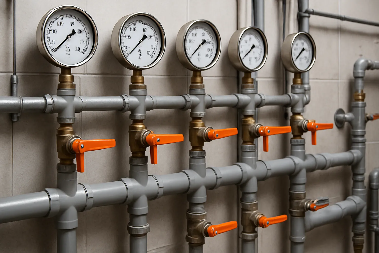 a wall of pressure gauges, shutoff valves, and PVC manifolds in a commercial water treatment room — commercial plumbing