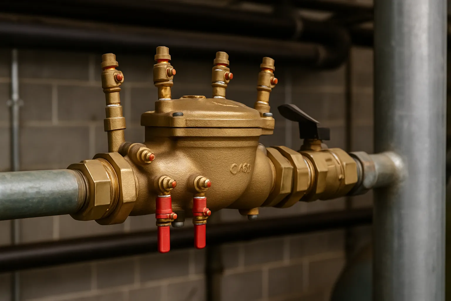a close-up of a brass backflow prevention assembly with test cocks on a commercial water supply line — commercial plumbing