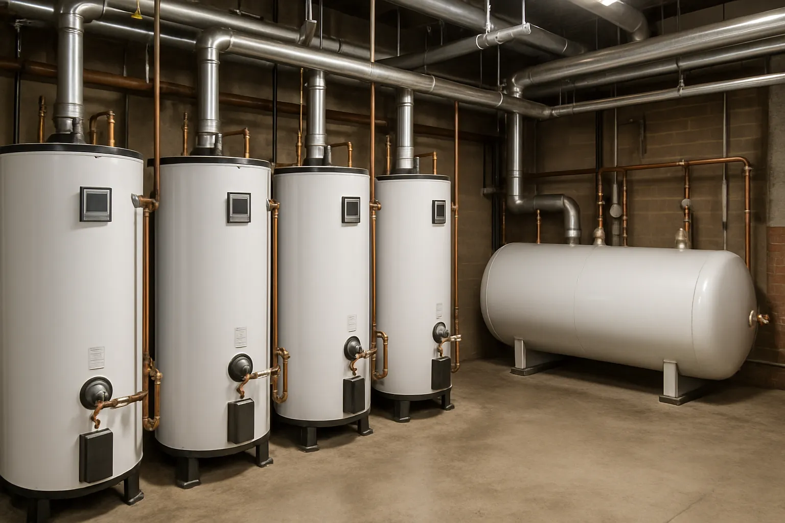 a row of large commercial water heaters and storage tanks in a facility boiler room — commercial plumbing