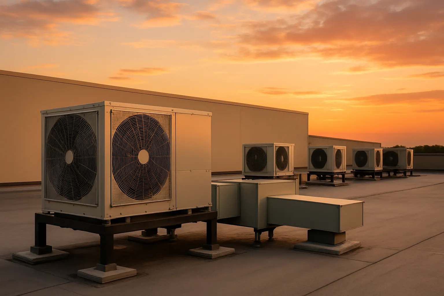 rooftop HVAC units on a big-box retail store at dusk with warm sky — commercial HVAC
