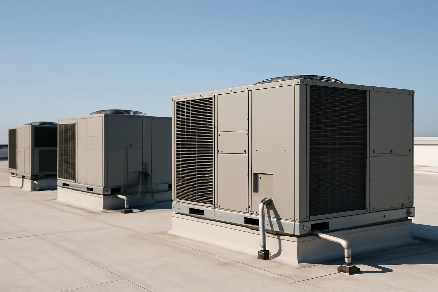 a row of rooftop packaged HVAC units (RTUs) on a flat commercial building roof under a clear sky — commercial HVAC