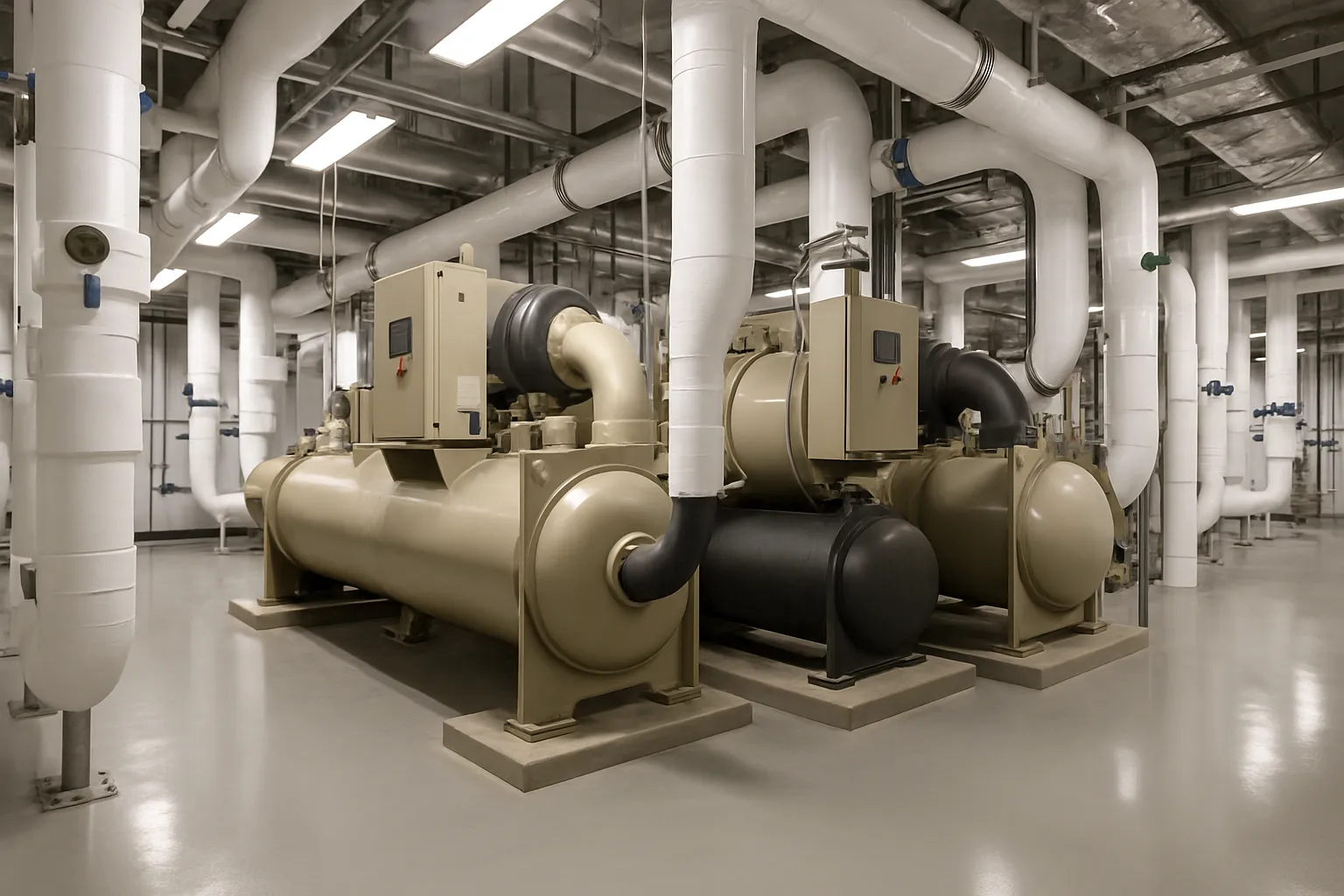 the interior of a commercial mechanical room with large water-cooled chillers and insulated piping — commercial HVAC