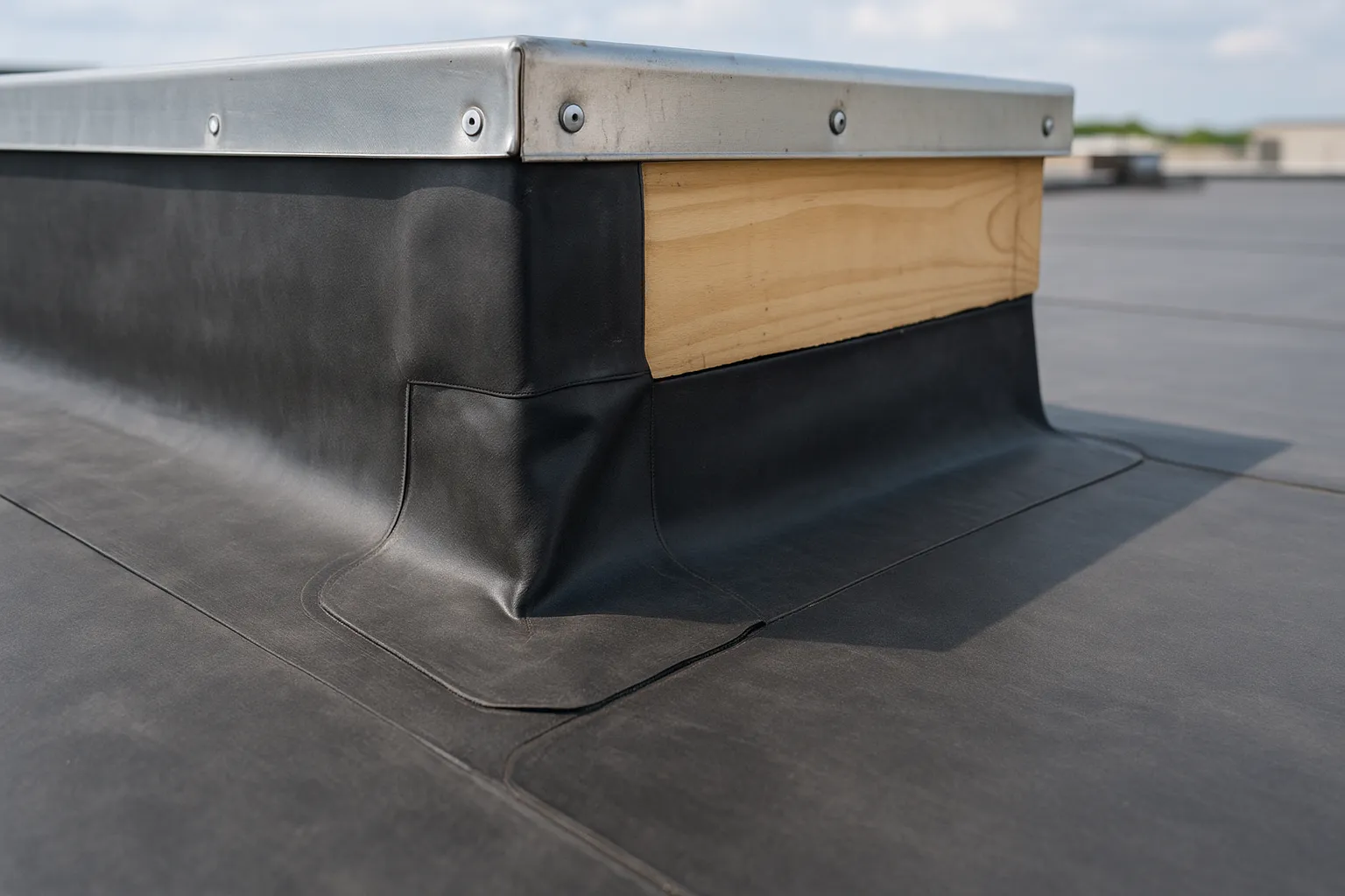 a close-up of EPDM rubber membrane and flashing details around a rooftop curb on a commercial building — commercial roofing