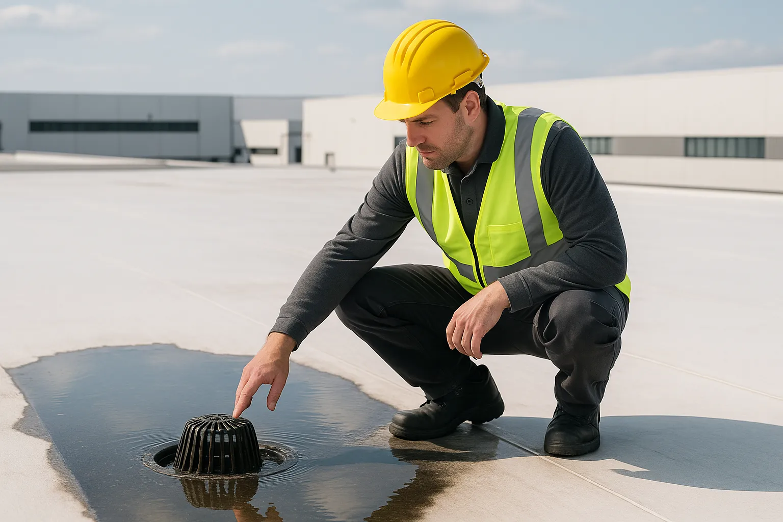 a commercial roofing technician inspecting a roof drain and ponding water on a flat warehouse roof — commercial roofing