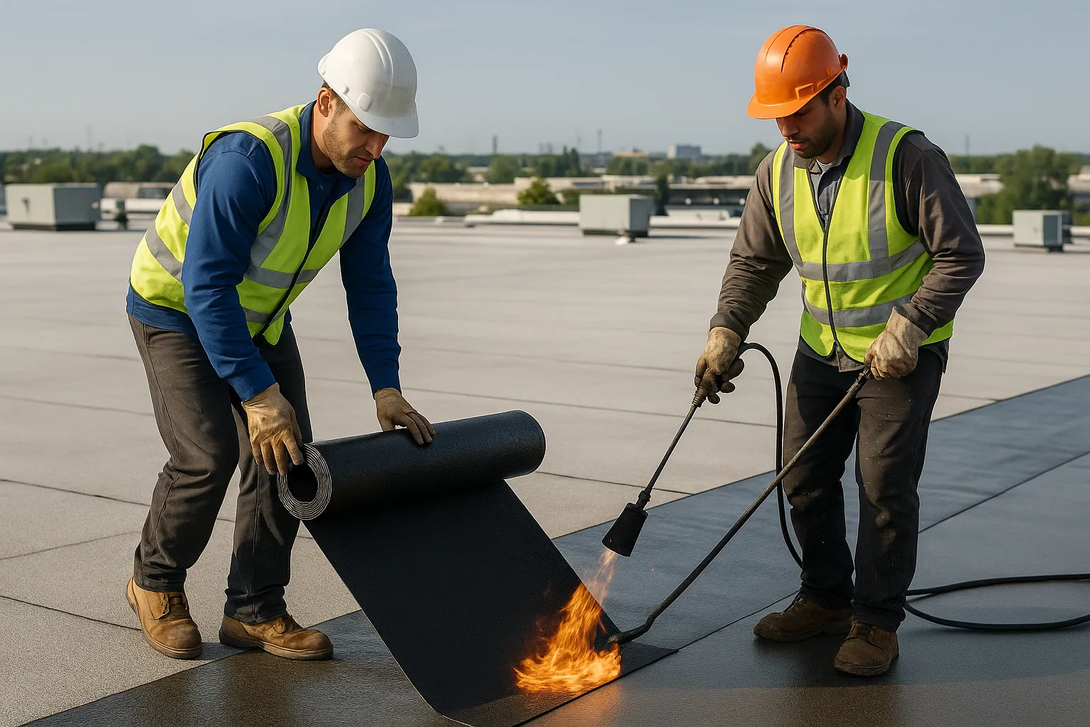 workers rolling out modified bitumen roofing with a torch on a large low-slope commercial roof — commercial roofing
