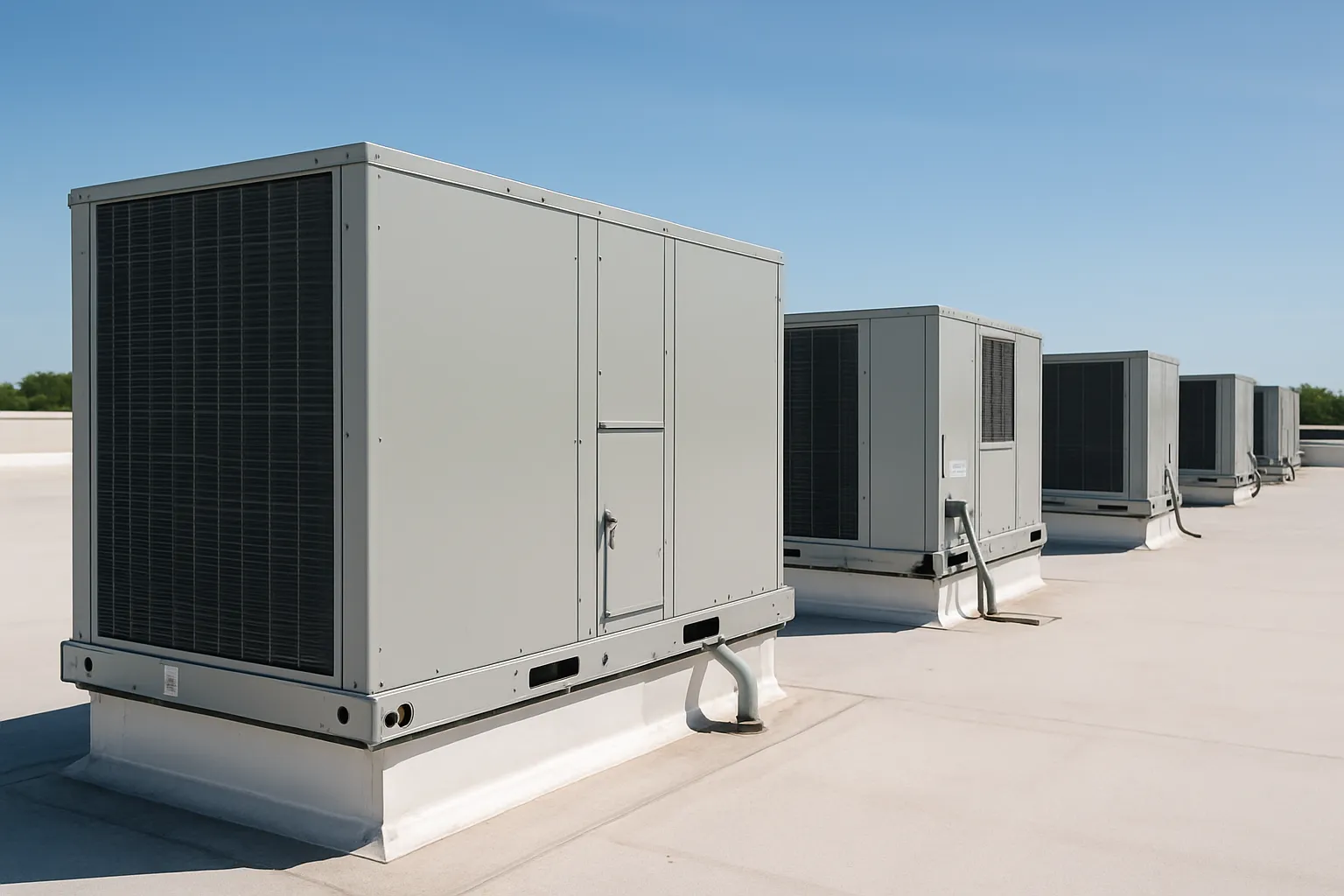 a row of rooftop packaged HVAC units (RTUs) on a flat commercial building roof under a clear sky — commercial HVAC