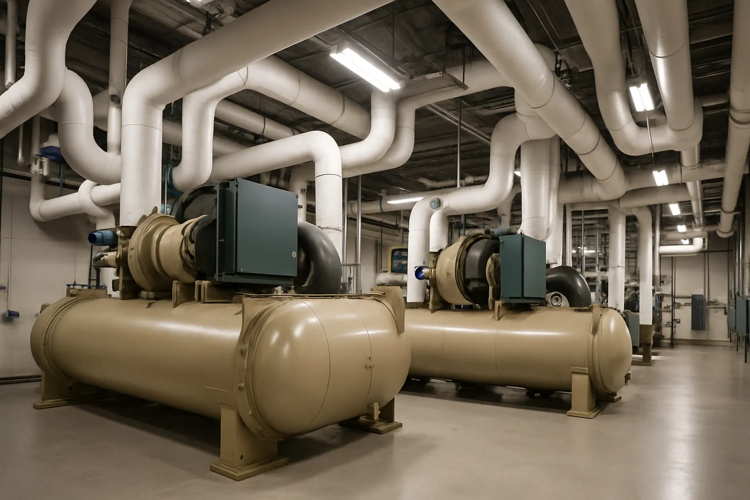 the interior of a commercial mechanical room with large water-cooled chillers and insulated piping — commercial HVAC