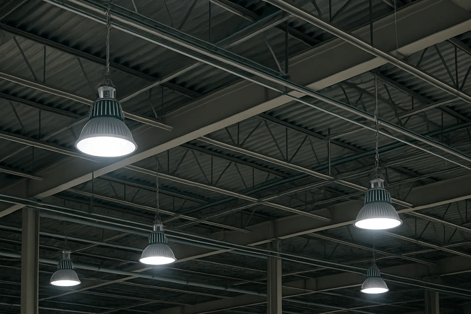 a bank of commercial LED high-bay light fixtures across a warehouse ceiling — commercial electrical