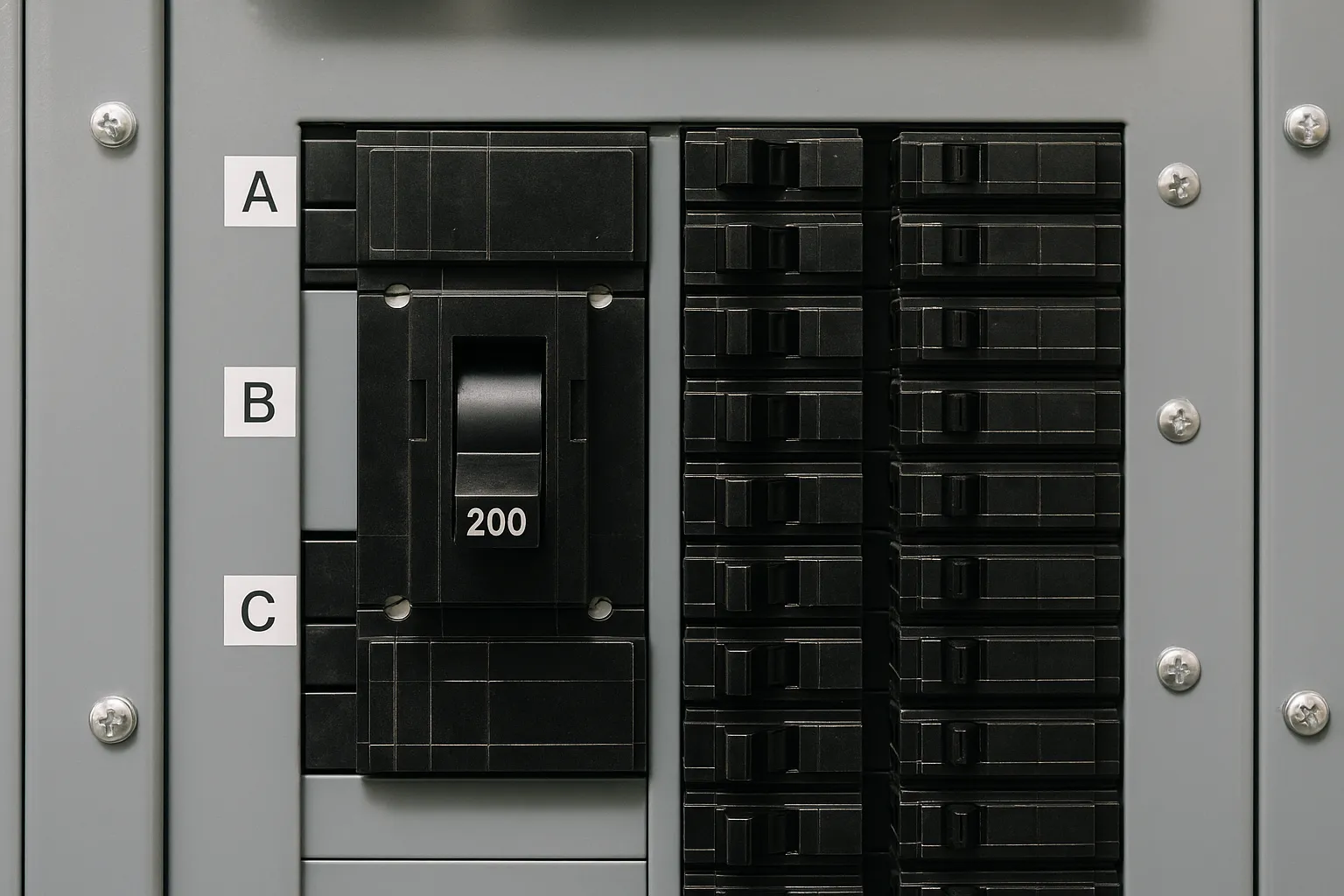 a close-up of a labeled three-phase 200-amp electrical panel with breakers — commercial electrical