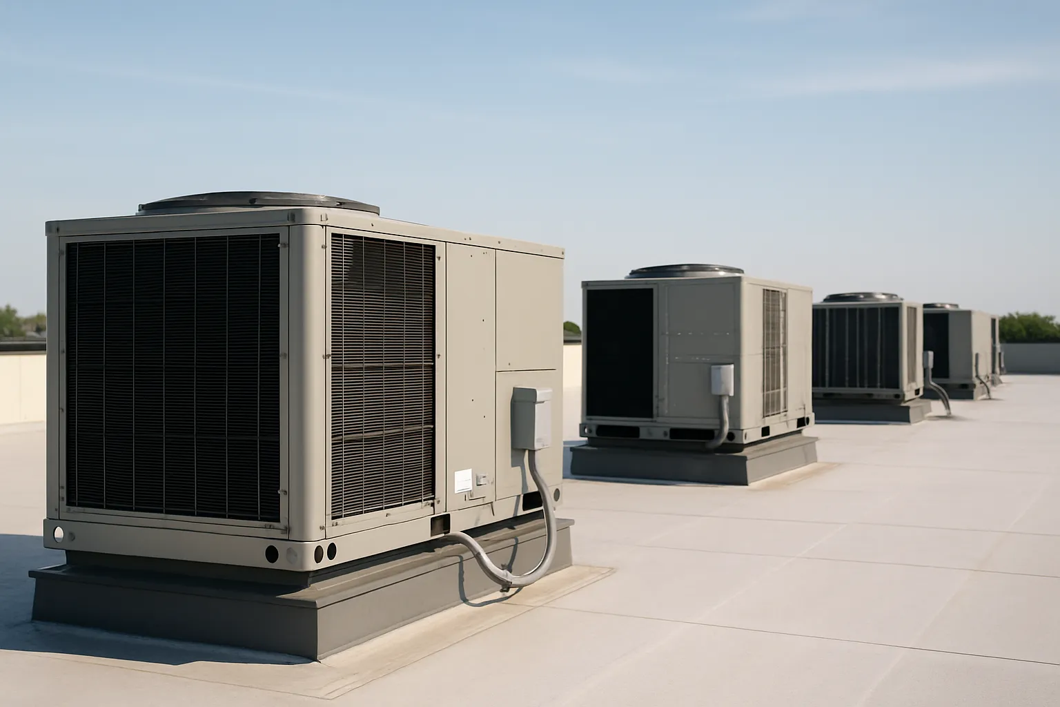 a row of rooftop packaged HVAC units (RTUs) on a flat commercial building roof under a clear sky — commercial HVAC