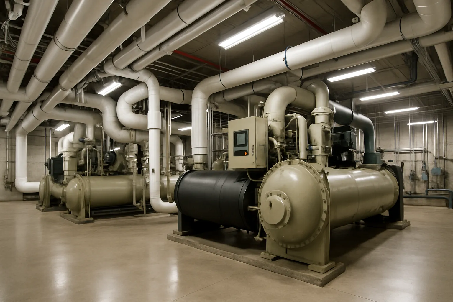 the interior of a commercial mechanical room with large water-cooled chillers and insulated piping — commercial HVAC