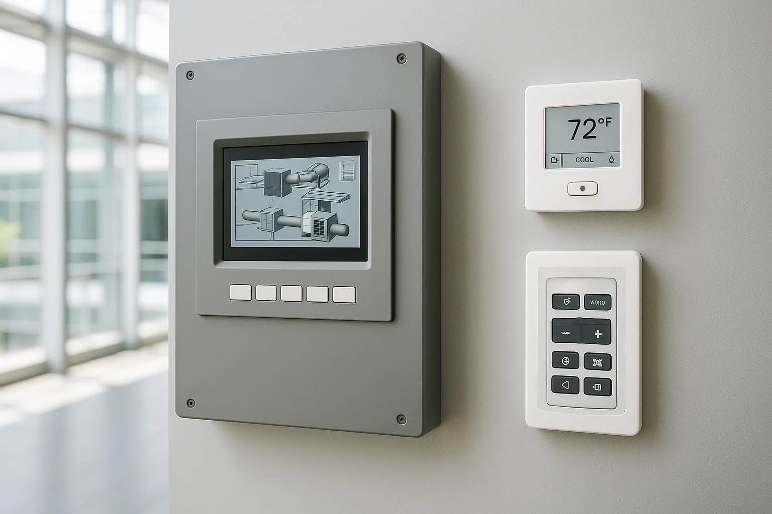 a building automation system control panel and smart HVAC controls in a modern commercial building — commercial HVAC