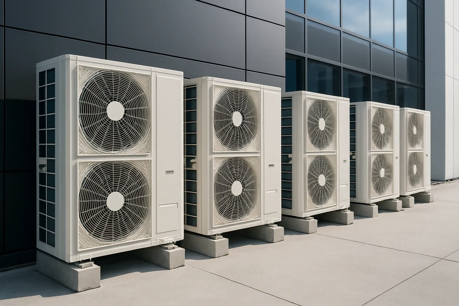 a bank of outdoor VRF/VRV condensing units mounted beside a modern commercial building — commercial HVAC