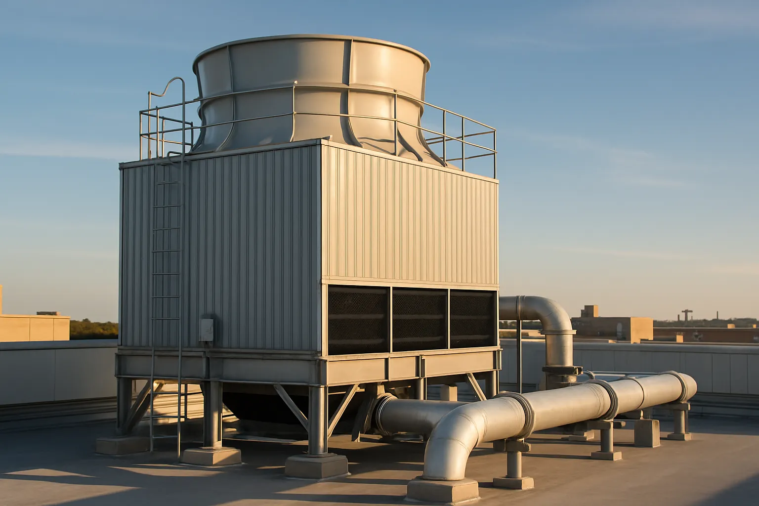 a large rooftop cooling tower at a commercial facility, late afternoon light — commercial HVAC
