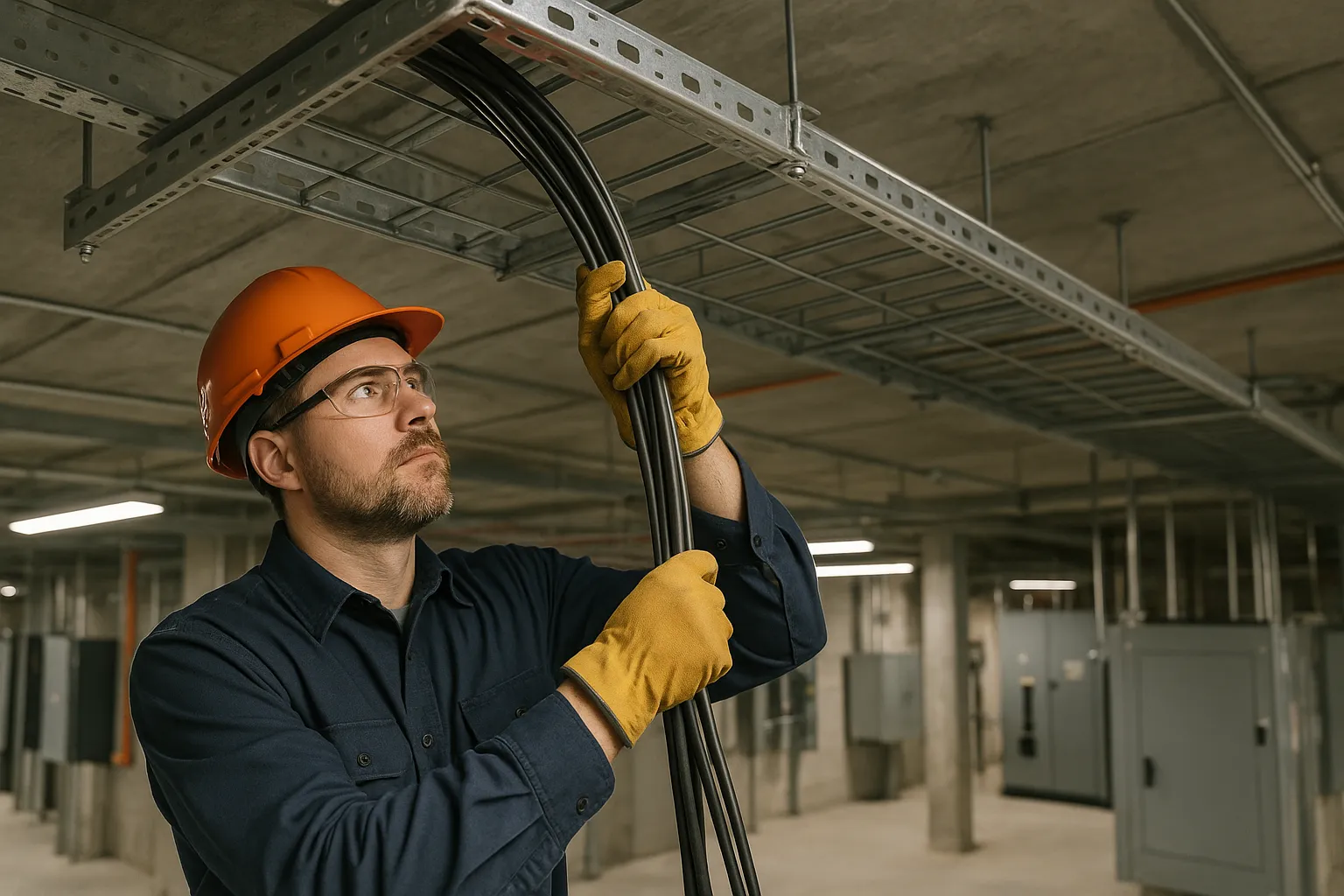 an electrician pulling wire through overhead cable tray in a commercial building — commercial electrical
