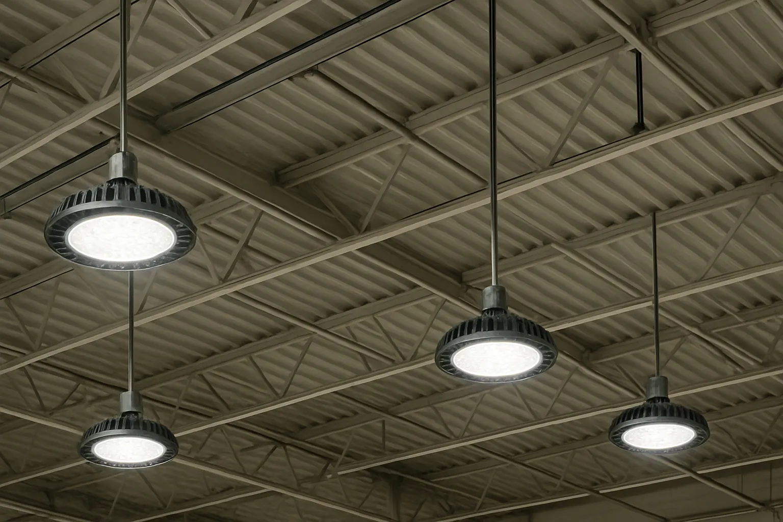 a bank of commercial LED high-bay light fixtures across a warehouse ceiling — commercial electrical