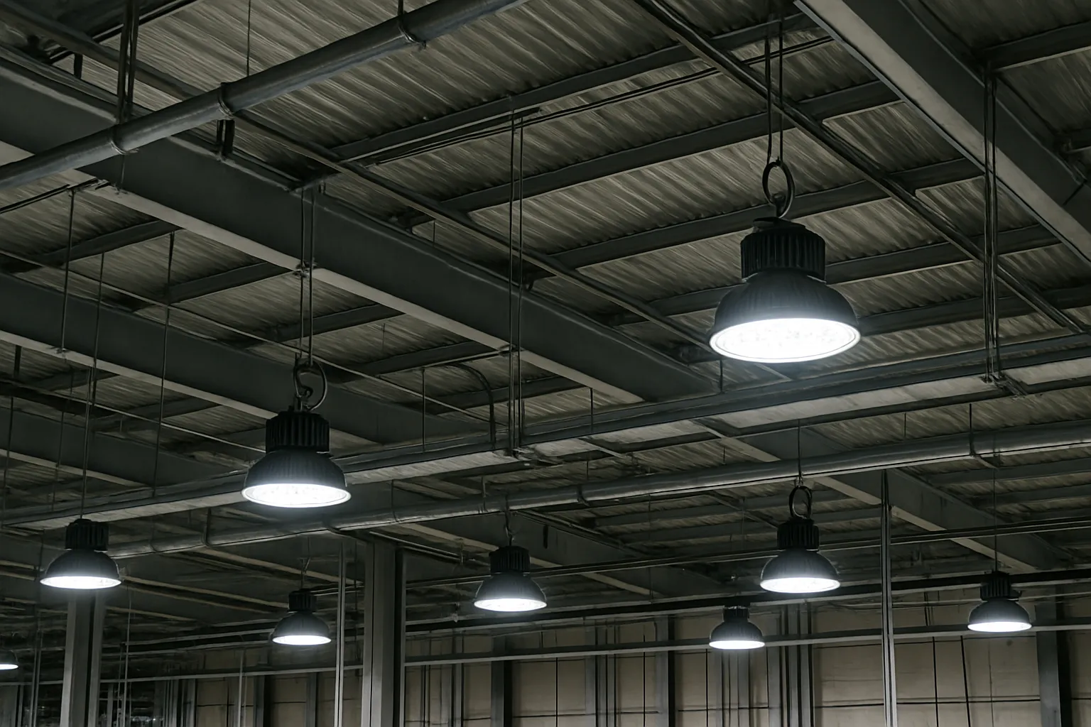 a bank of commercial LED high-bay light fixtures across a warehouse ceiling — commercial electrical