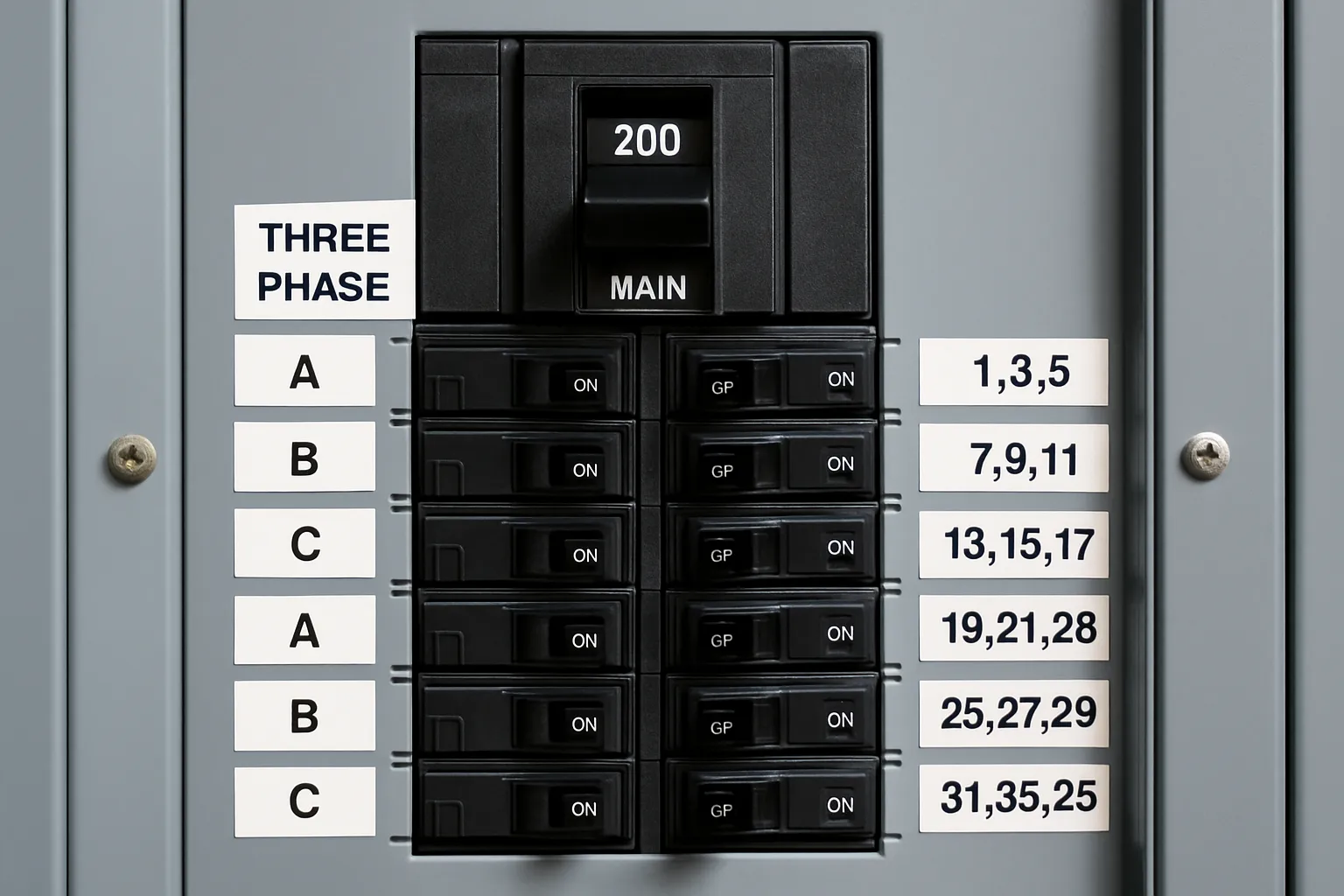 a close-up of a labeled three-phase 200-amp electrical panel with breakers — commercial electrical