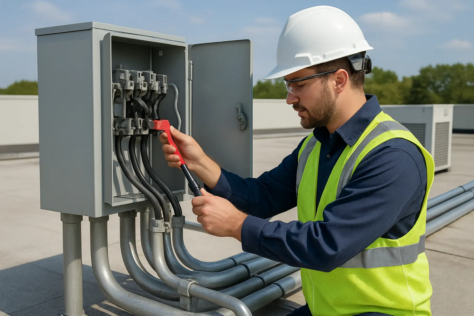 a technician servicing a rooftop electrical disconnect and conduit on a commercial building — commercial electrical