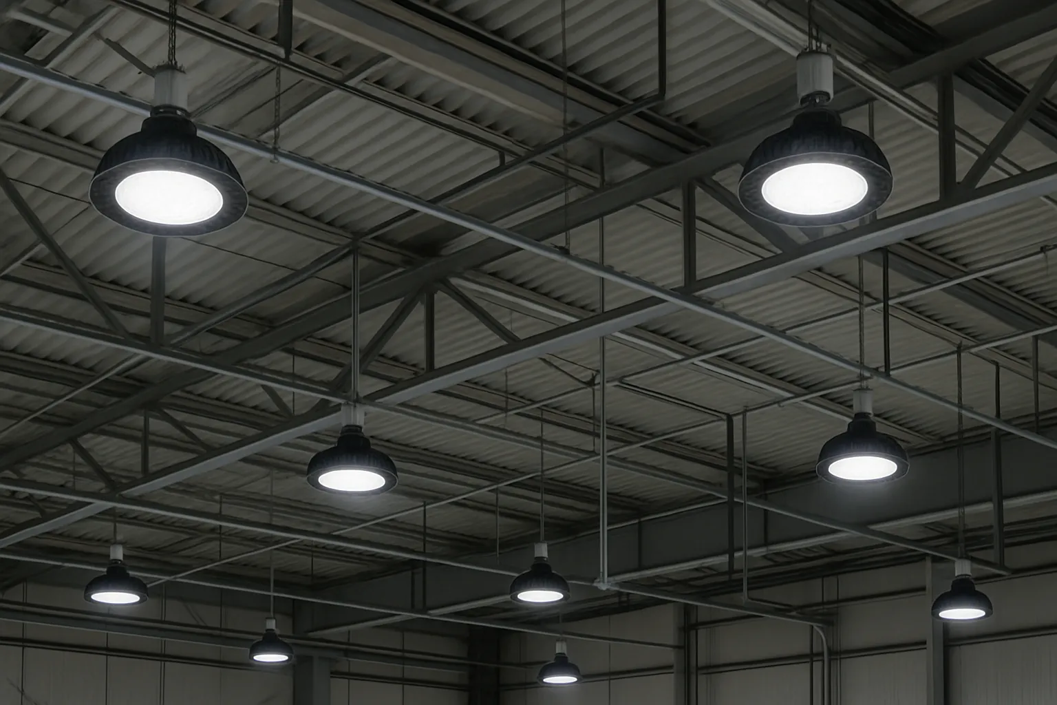 a bank of commercial LED high-bay light fixtures across a warehouse ceiling — commercial electrical