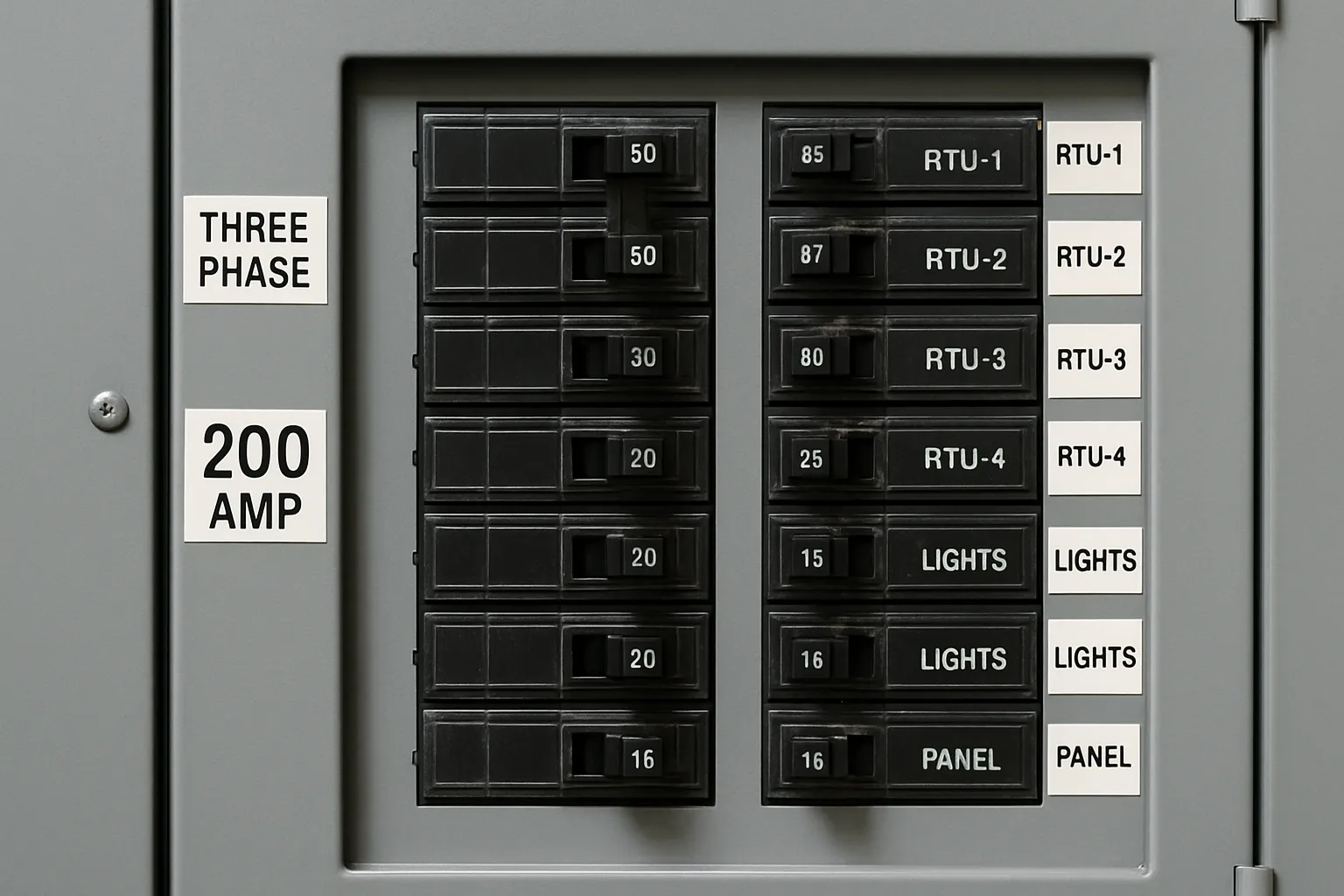 a close-up of a labeled three-phase 200-amp electrical panel with breakers — commercial electrical
