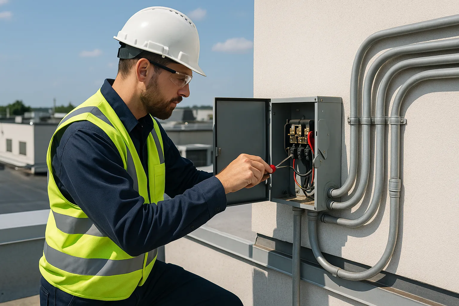 a technician servicing a rooftop electrical disconnect and conduit on a commercial building — commercial electrical