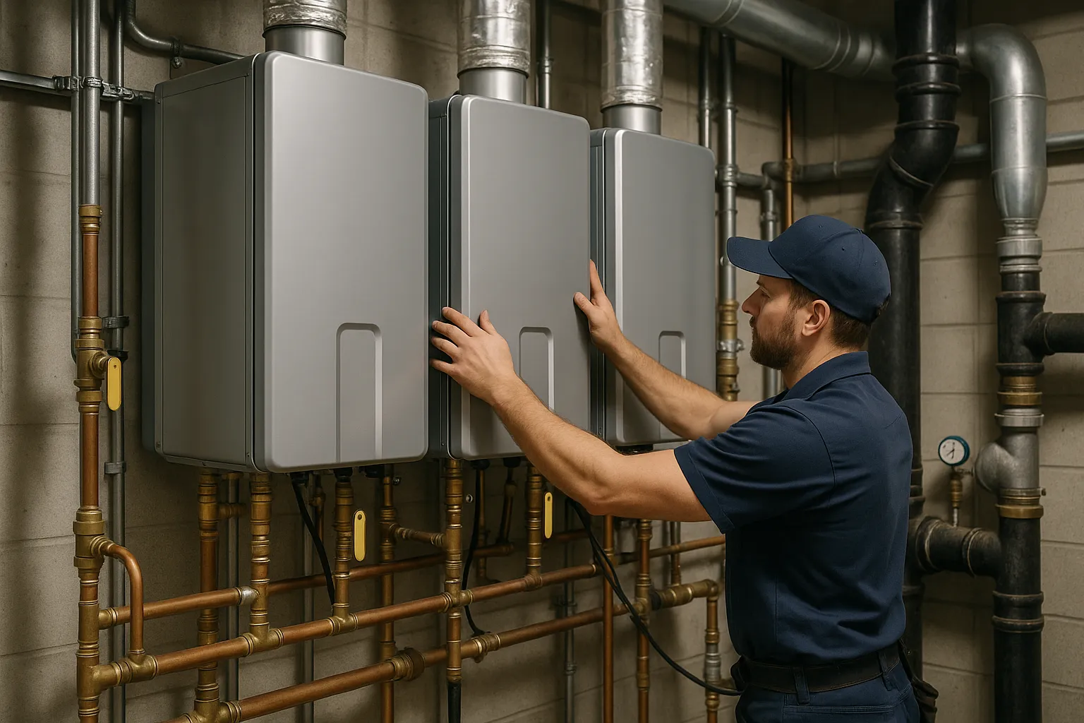 a plumber installing a commercial tankless water heater bank on a mechanical-room wall — commercial plumbing