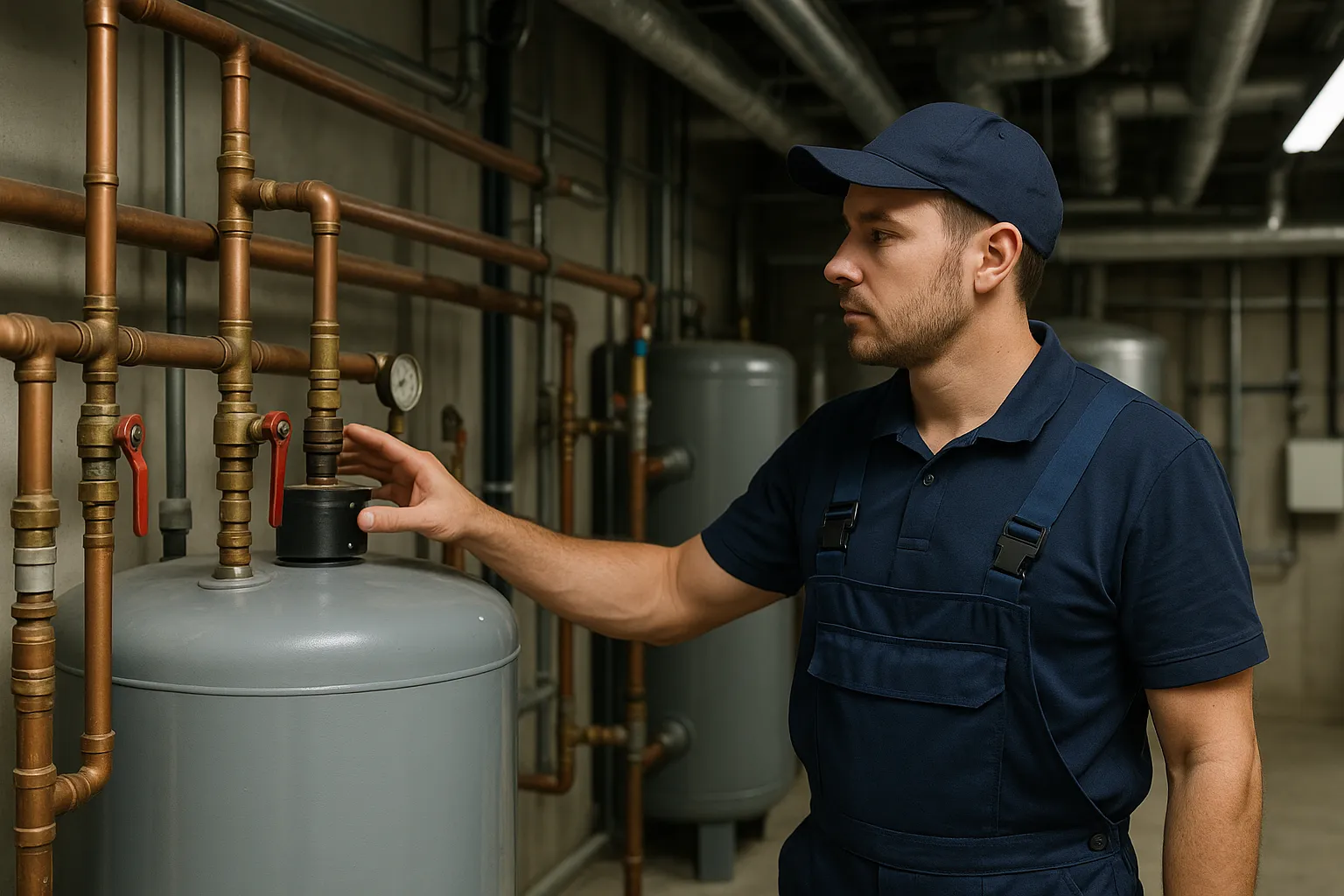 a commercial plumber in uniform inspecting a large boiler and copper supply manifold in a building mechanical room — commercial plumbing